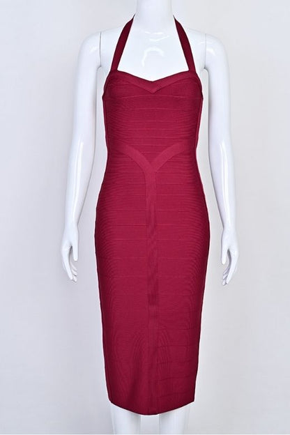 Red Wine Halter Neck Sweetheart Bandage Bodycon Midi Dress
