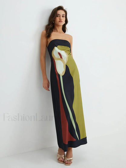 Large Floral Print Split Tube Maxi Dress