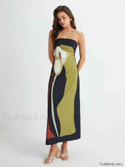 Large Floral Print Split Tube Maxi Dress