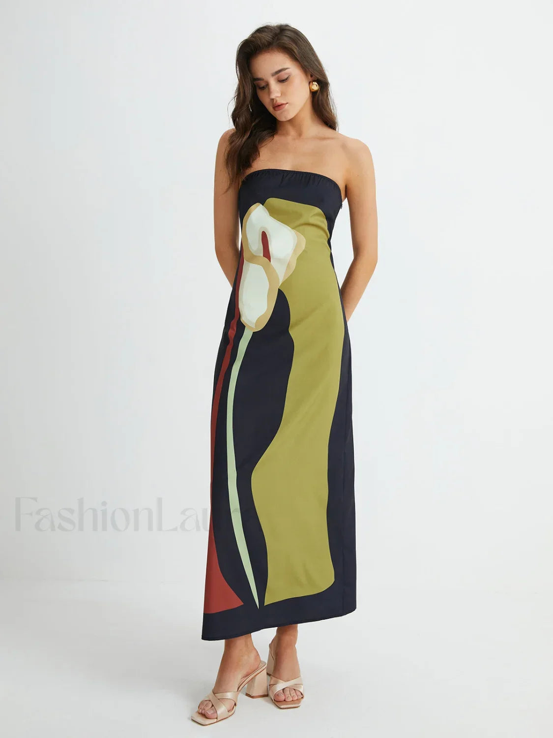 Large Floral Print Split Tube Maxi Dress