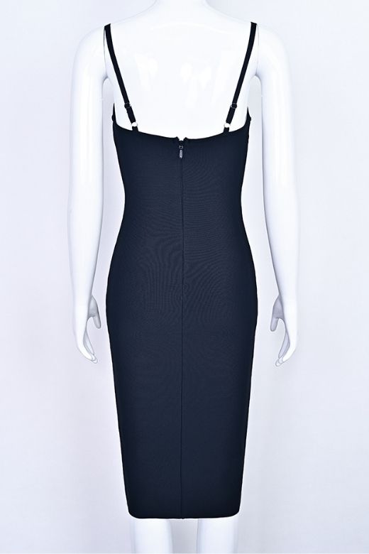 Classic Black Spaghetti Strap Lace Overlay Bustier Bodycon Midi Dress