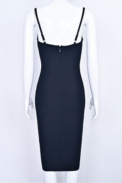 Classic Black Spaghetti Strap Lace Overlay Bustier Bodycon Midi Dress