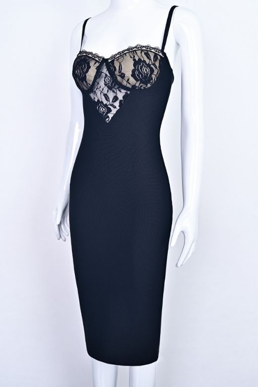 Classic Black Spaghetti Strap Lace Overlay Bustier Bodycon Midi Dress