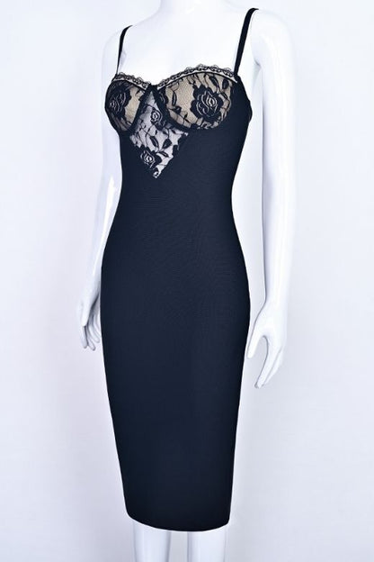 Classic Black Spaghetti Strap Lace Overlay Bustier Bodycon Midi Dress