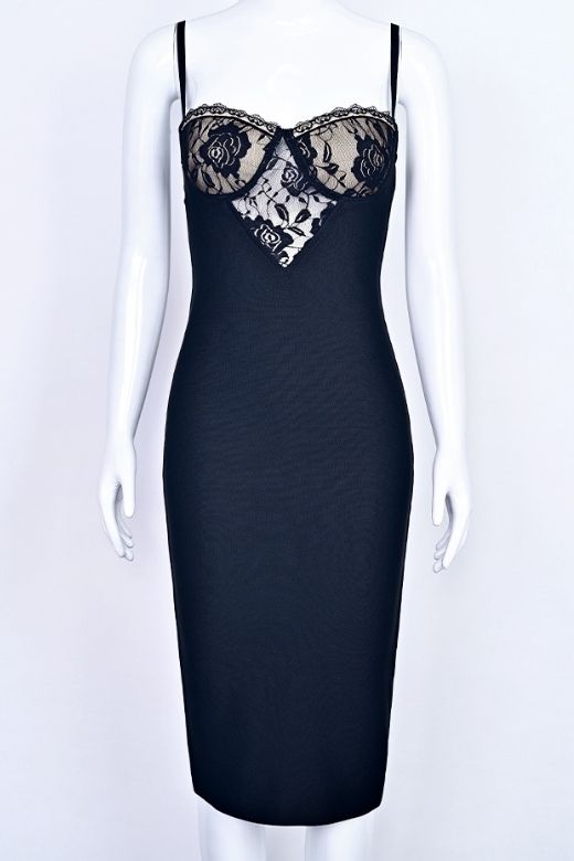 Classic Black Spaghetti Strap Lace Overlay Bustier Bodycon Midi Dress