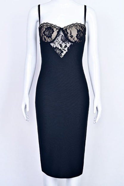 Classic Black Spaghetti Strap Lace Overlay Bustier Bodycon Midi Dress