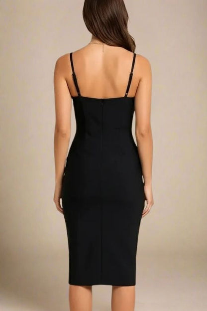 Classic Black Spaghetti Strap Lace Overlay Bustier Bodycon Midi Dress