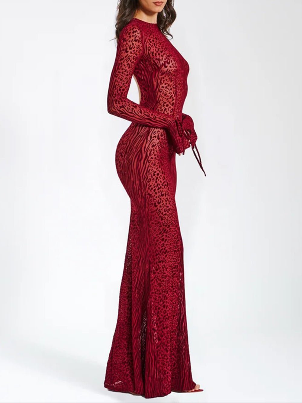 Red Mock Neck Long Sleeve Mesh Print Bodycon Maxi Dress