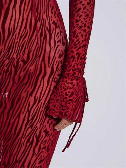 Red Mock Neck Long Sleeve Mesh Print Bodycon Maxi Dress