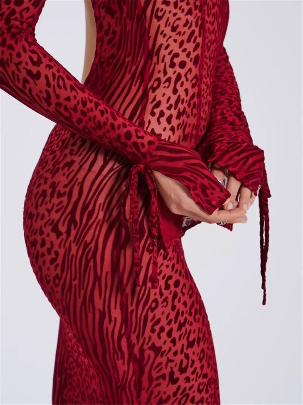 Red Mock Neck Long Sleeve Mesh Print Bodycon Maxi Dress