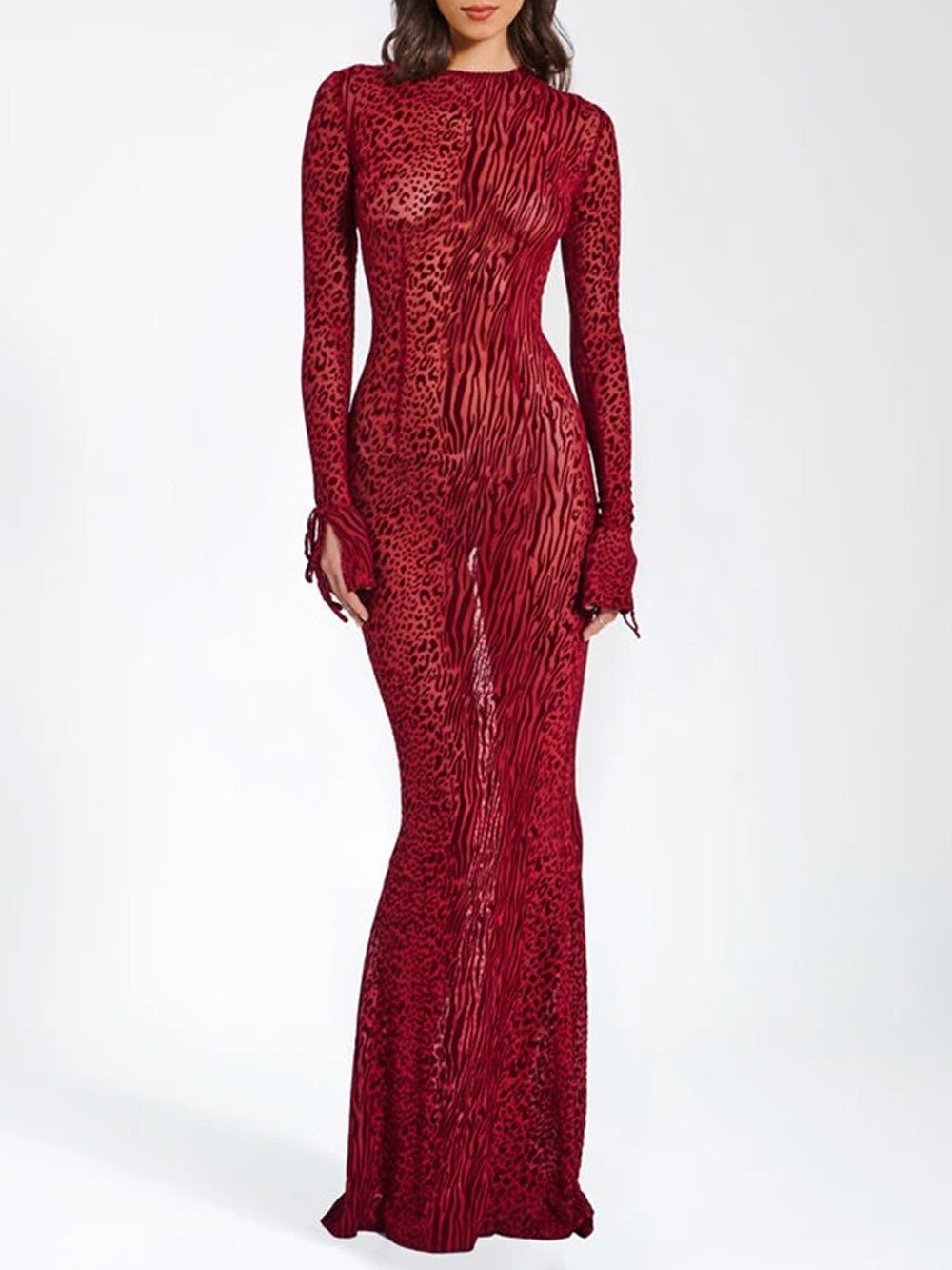 Red Mock Neck Long Sleeve Mesh Print Bodycon Maxi Dress
