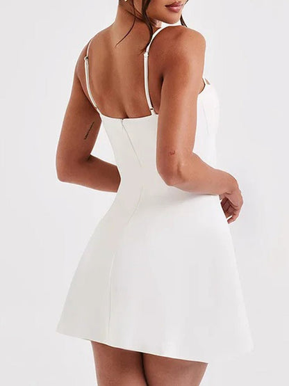 White Spaghetti Strap Bustier Seam Waist Fit and Flare Mini Dress