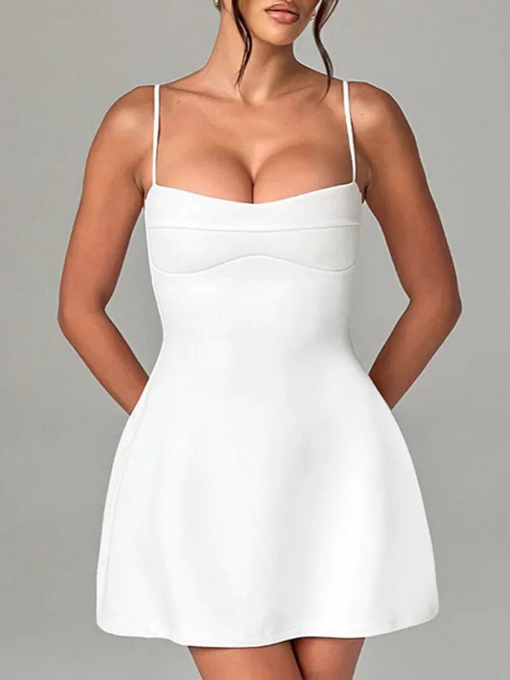White Spaghetti Strap Bustier Seam Waist Fit and Flare Mini Dress