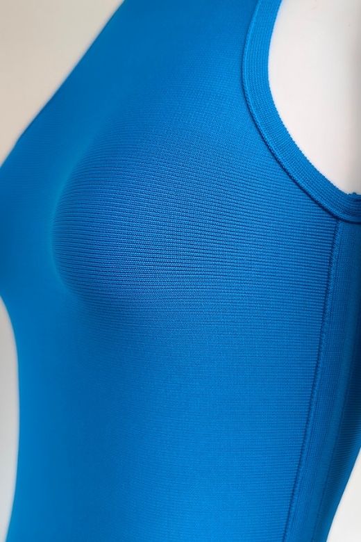 Sky Blue Ribbed Knit Mock Neck Asymmetric Shoulder Cut Out Bodycon Midi Dress