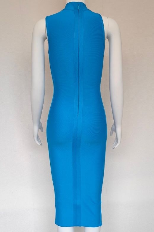Sky Blue Ribbed Knit Mock Neck Asymmetric Shoulder Cut Out Bodycon Midi Dress