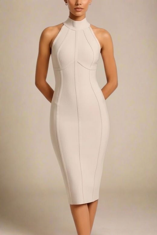 Beige Mock Neck Halter Sleeveless Bandage Bodycon Midi Dress
