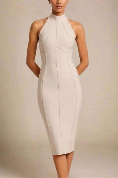 Beige Mock Neck Halter Sleeveless Bandage Bodycon Midi Dress