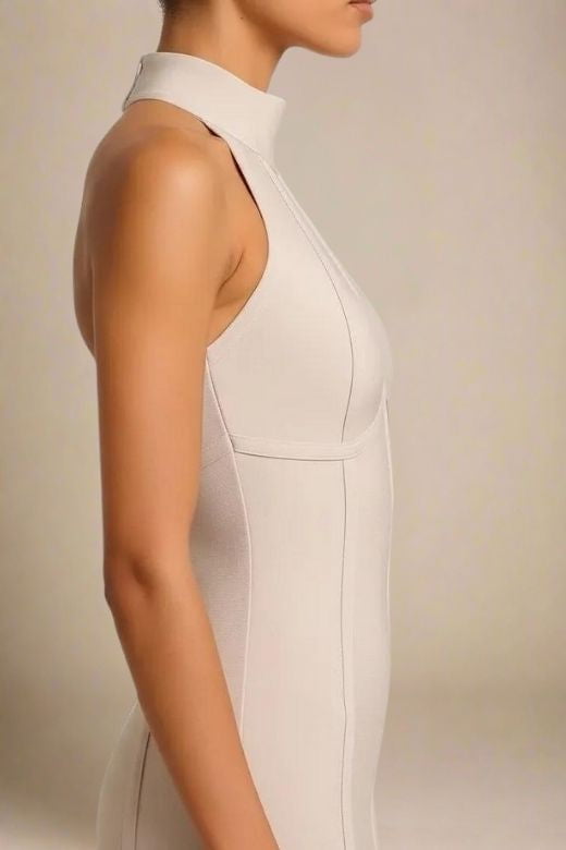 Beige Mock Neck Halter Sleeveless Bandage Bodycon Midi Dress