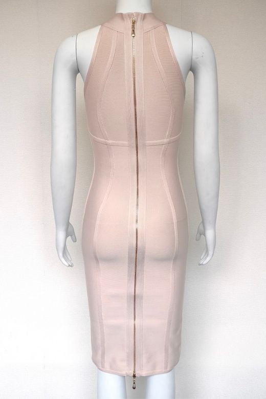 Beige Mock Neck Halter Sleeveless Bandage Bodycon Midi Dress