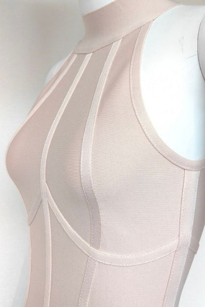 Beige Mock Neck Halter Sleeveless Bandage Bodycon Midi Dress