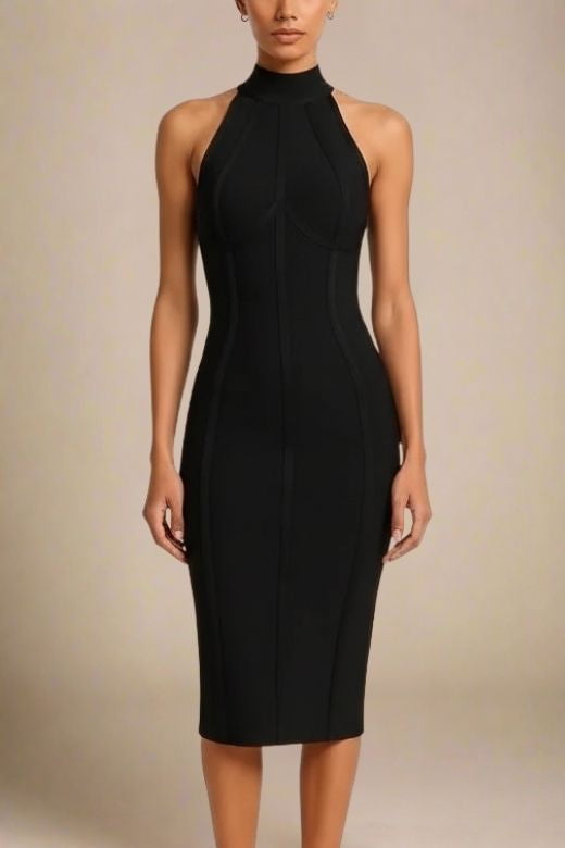 Classic Black Bandage Mock Neck Cutaway Shoulder Bodycon Midi Dress