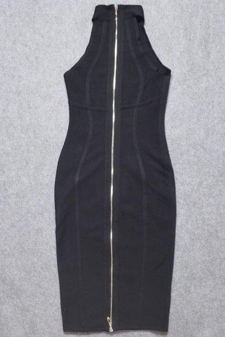 Classic Black Bandage Mock Neck Cutaway Shoulder Bodycon Midi Dress