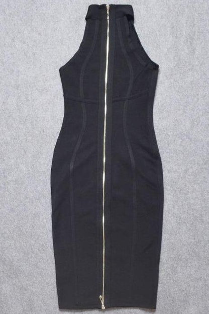 Classic Black Bandage Mock Neck Cutaway Shoulder Bodycon Midi Dress