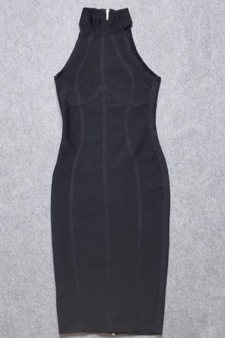 Classic Black Halter Neck Illusion Print Bodycon Midi Cocktail Dress