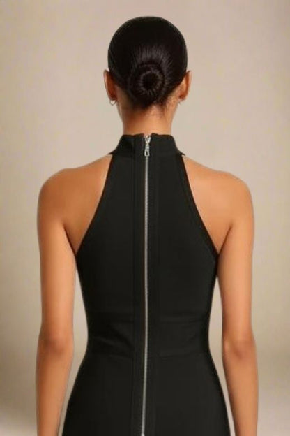 Classic Black Halter Neck Illusion Print Bodycon Midi Cocktail Dress