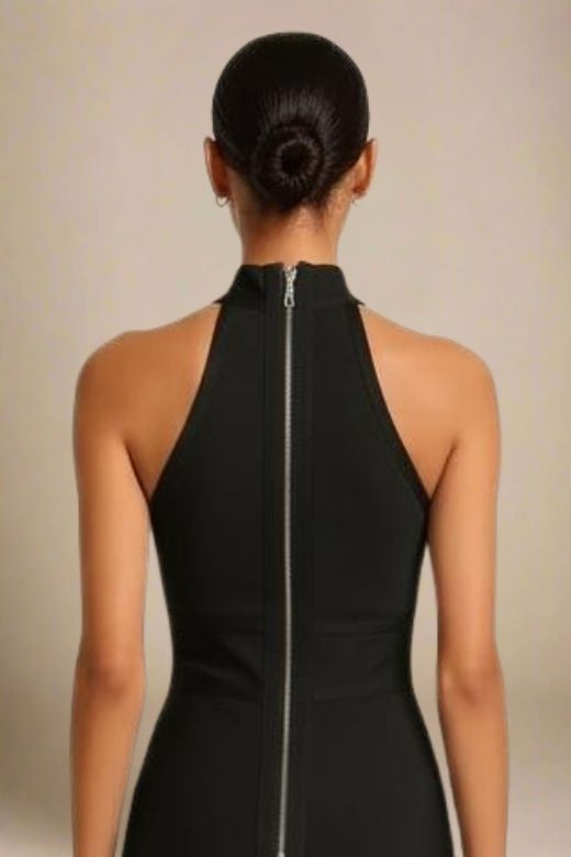 Classic Black Bandage Mock Neck Cutaway Shoulder Bodycon Midi Dress