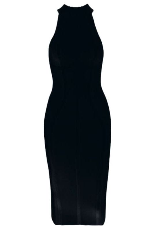 Classic Black Halter Neck Illusion Print Bodycon Midi Cocktail Dress