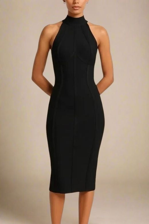 Classic Black Bandage Mock Neck Cutaway Shoulder Bodycon Midi Dress