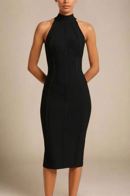Classic Black Bandage Mock Neck Cutaway Shoulder Bodycon Midi Dress