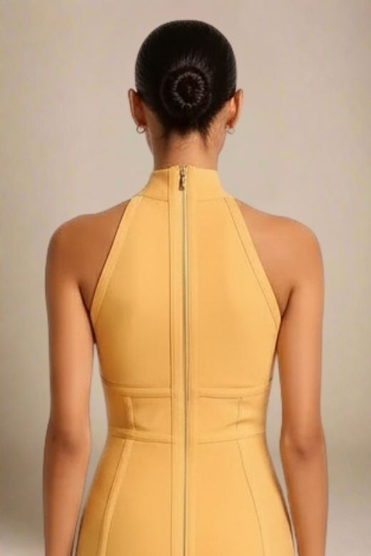 Mustard Yellow Mock Neck Halter Sleeveless Bandage Bodycon Midi Dress