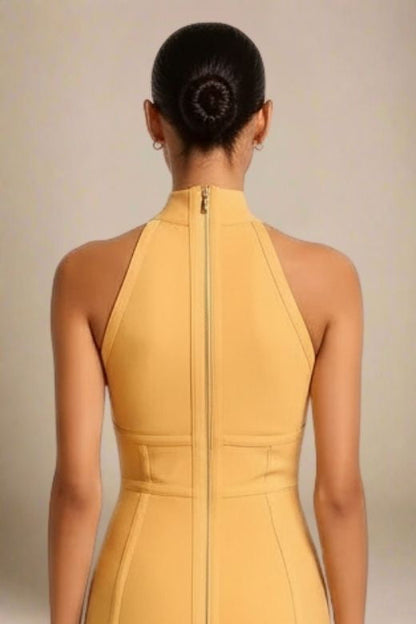Mustard Yellow Mock Neck Halter Sleeveless Bandage Bodycon Midi Dress