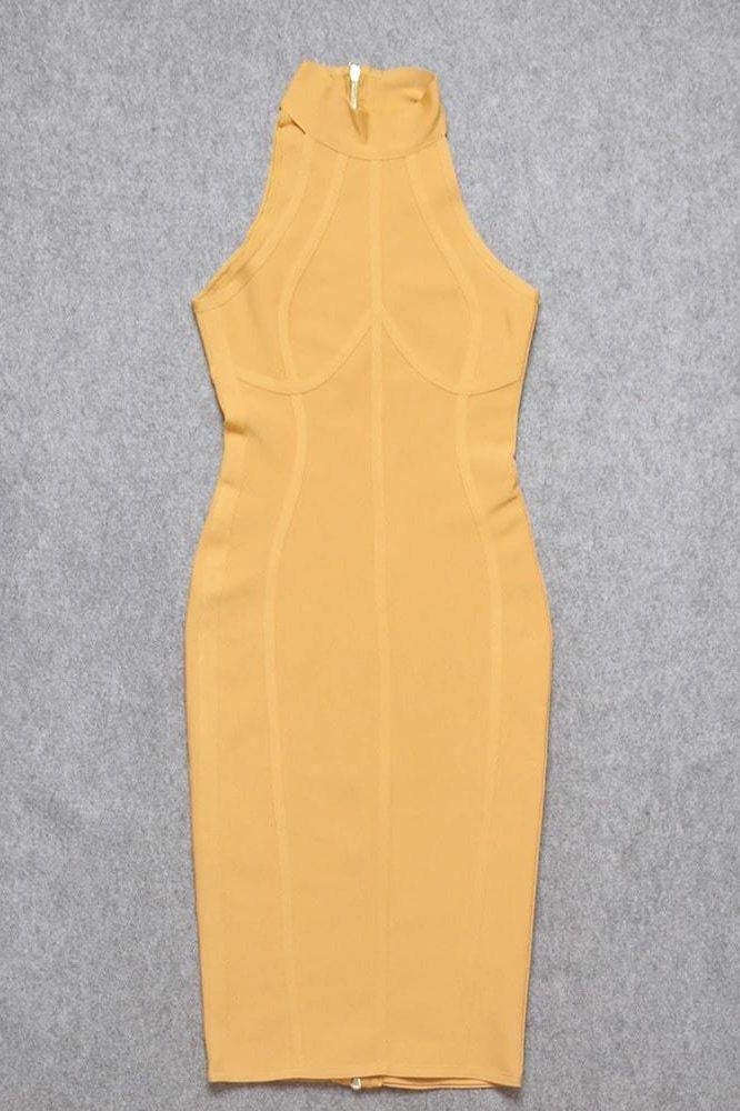 Mustard Yellow Mock Neck Halter Sleeveless Bandage Bodycon Midi Dress