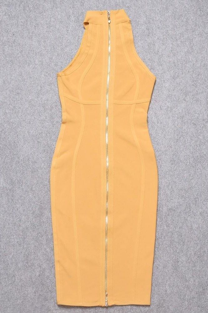 Mustard Yellow Mock Neck Halter Sleeveless Bandage Bodycon Midi Dress