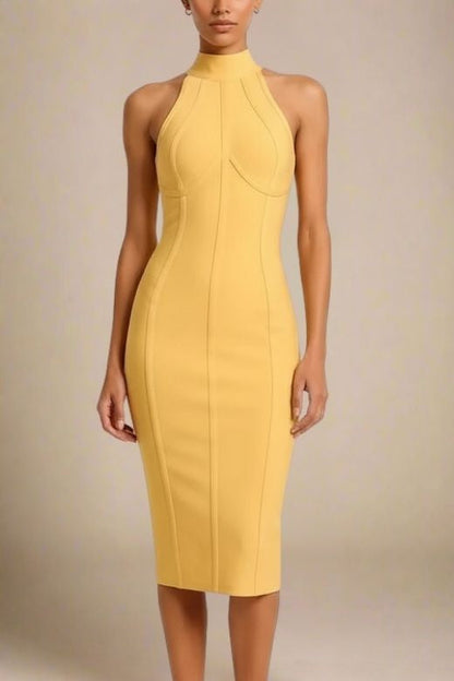 Mustard Yellow Mock Neck Halter Sleeveless Bandage Bodycon Midi Dress