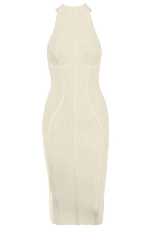 Beige Mock Neck Halter Sleeveless Bandage Bodycon Midi Dress