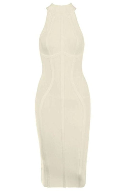 Beige Mock Neck Halter Sleeveless Bandage Bodycon Midi Dress