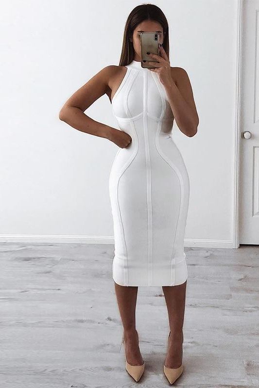 Pearl White Bandage Mock Neck Sleeveless Vertical Panel Midi Dress