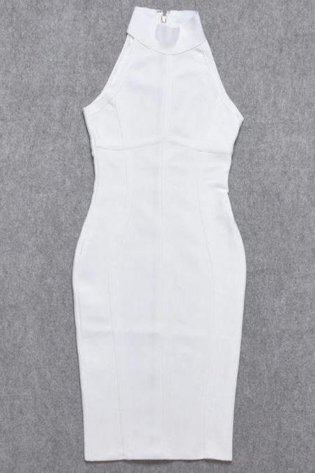 Pearl White Bandage Mock Neck Sleeveless Vertical Panel Midi Dress