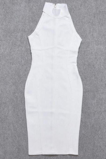 Pearl White Bandage Mock Neck Sleeveless Vertical Panel Midi Dress