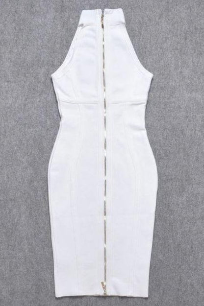 Pearl White Bandage Mock Neck Sleeveless Vertical Panel Midi Dress