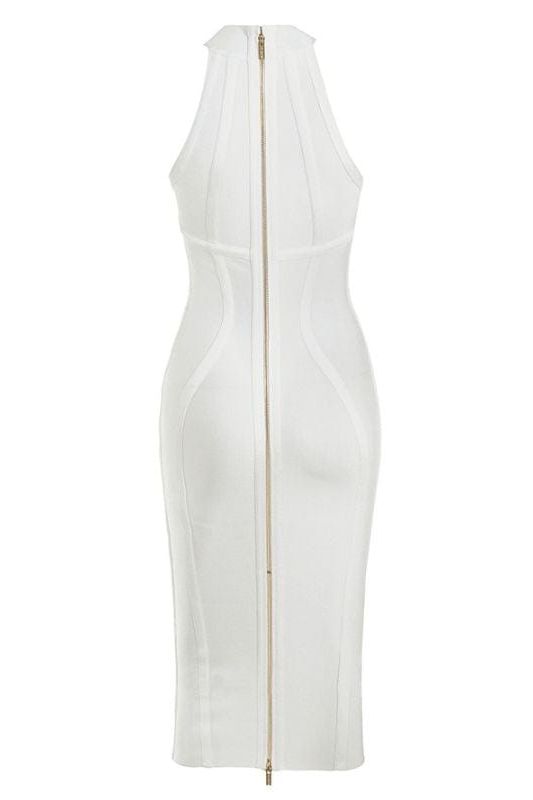 Pearl White Bandage Mock Neck Sleeveless Vertical Panel Midi Dress
