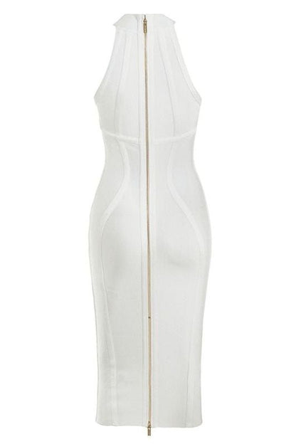 Pearl White Bandage Mock Neck Sleeveless Vertical Panel Midi Dress