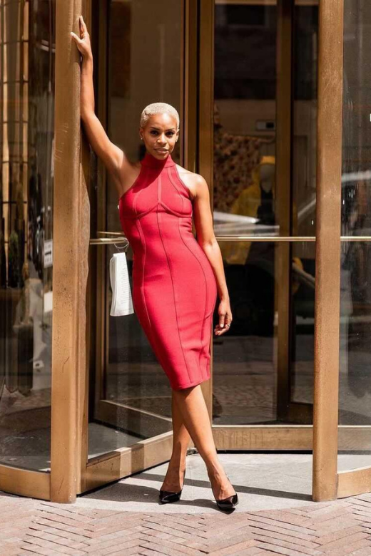 Red Wine Mock Neck Halter Sleeveless Bandage Bodycon Midi Dress