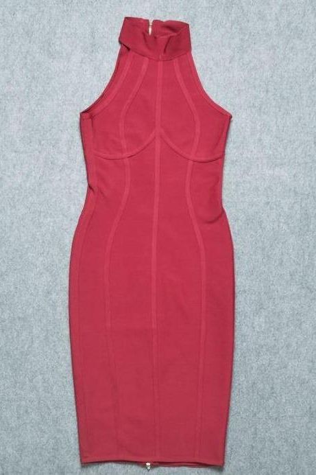 Red Wine Mock Neck Halter Sleeveless Bandage Bodycon Midi Dress