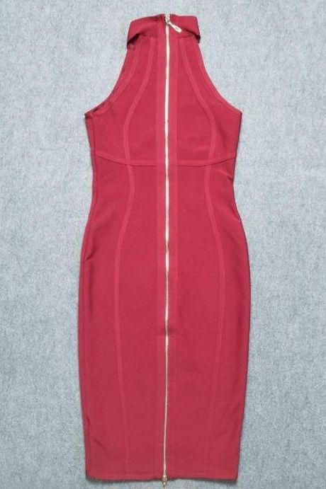 Red Wine Mock Neck Halter Sleeveless Bandage Bodycon Midi Dress