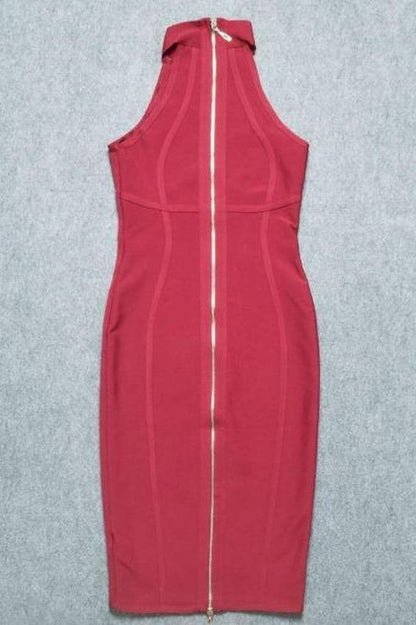 Red Wine Mock Neck Halter Sleeveless Bandage Bodycon Midi Dress